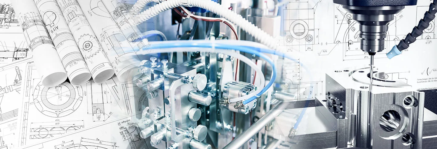 Technische Zeichnungen gehen in eine Maschine mit Druckluftleitungen und Fräskopf über